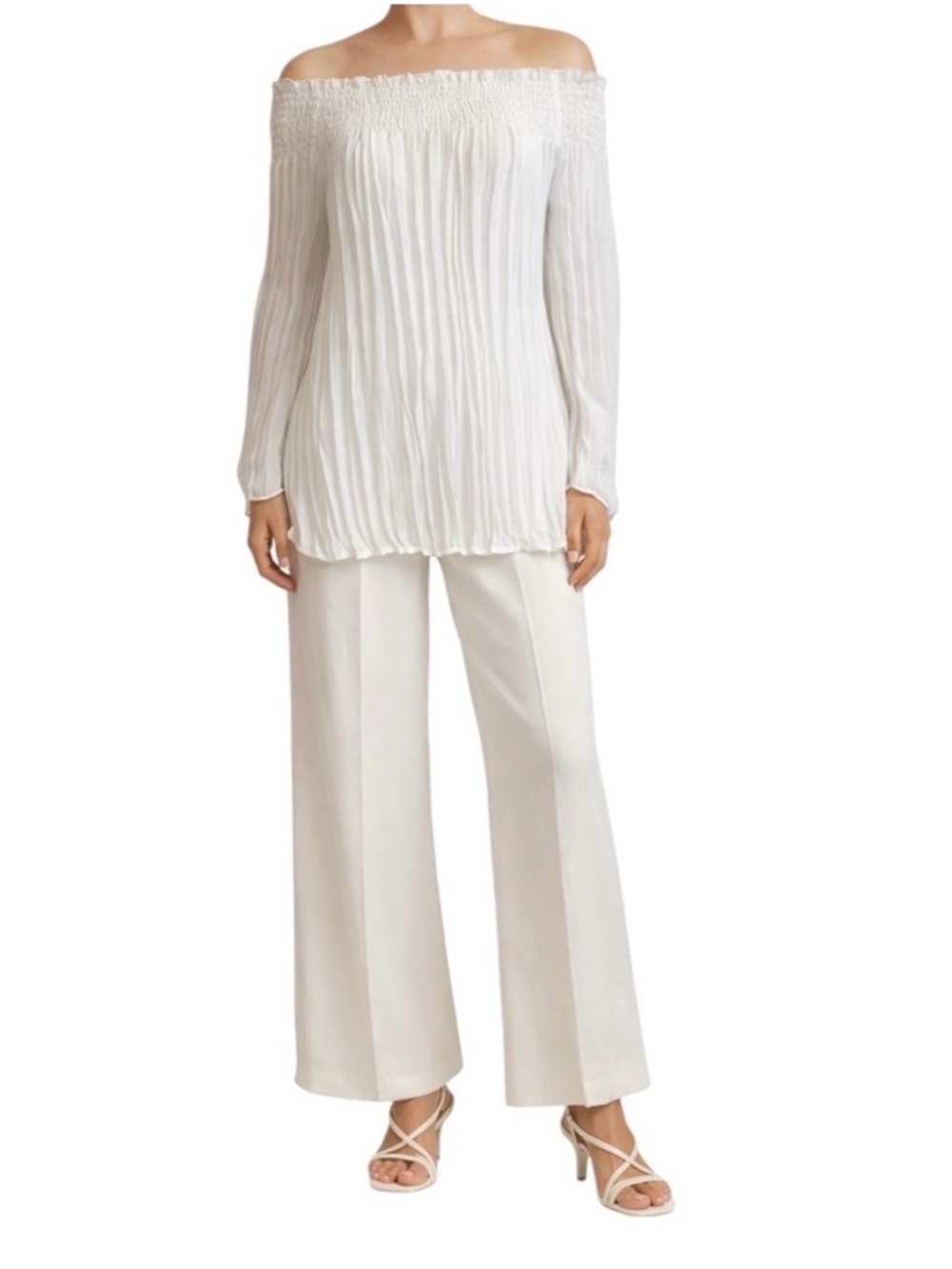 Off Shoulder White Pleated Chiffon Blouse - Smocked Long Sleeve Top - Medium